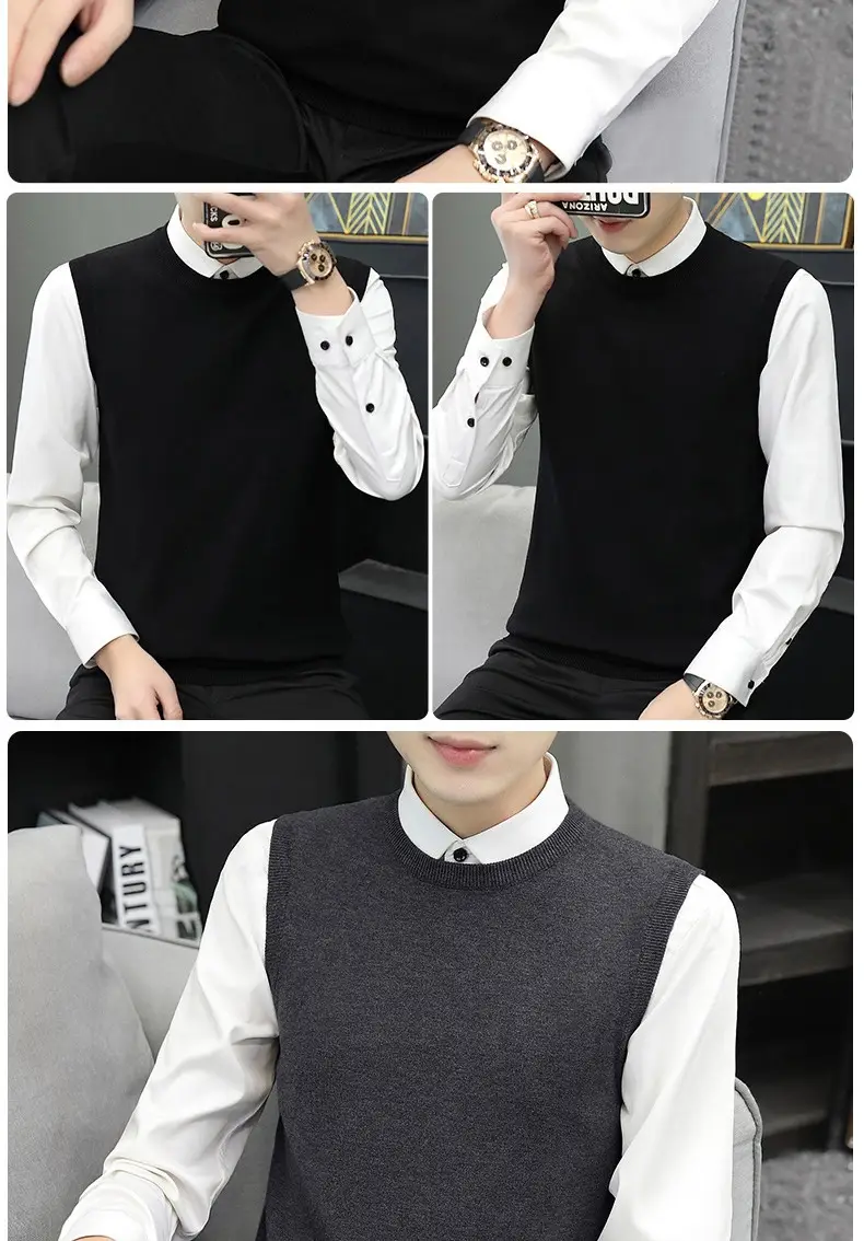 Men's Grey V-Neck Knitted Sleeveless Vest — feature 15