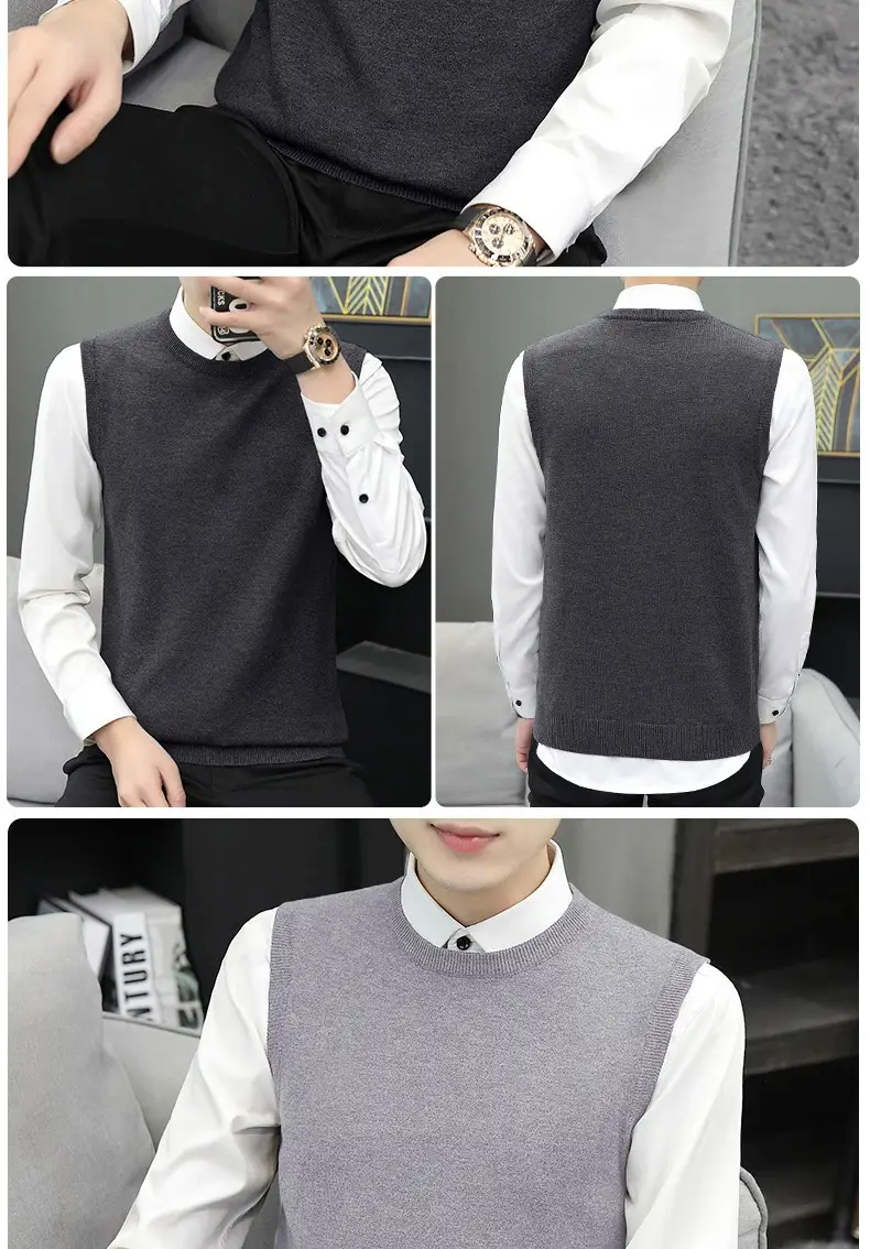Men's Grey V-Neck Knitted Sleeveless Vest — feature 16