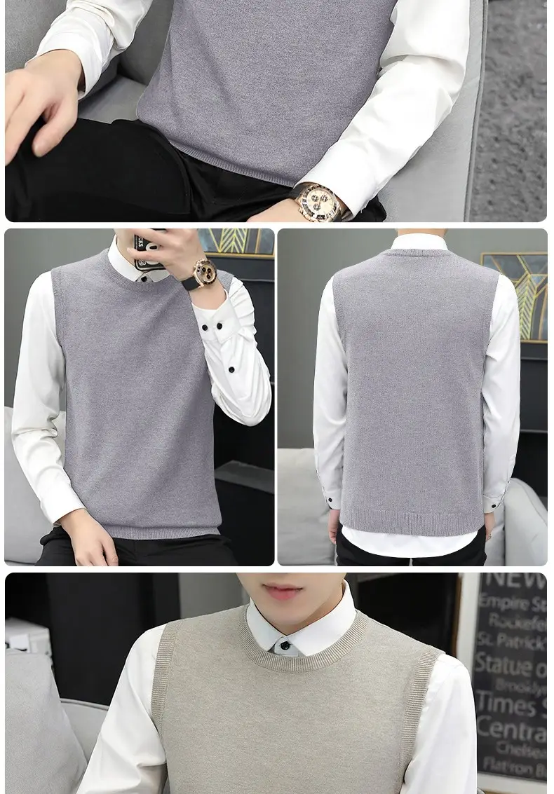 Men's Grey V-Neck Knitted Sleeveless Vest — feature 17