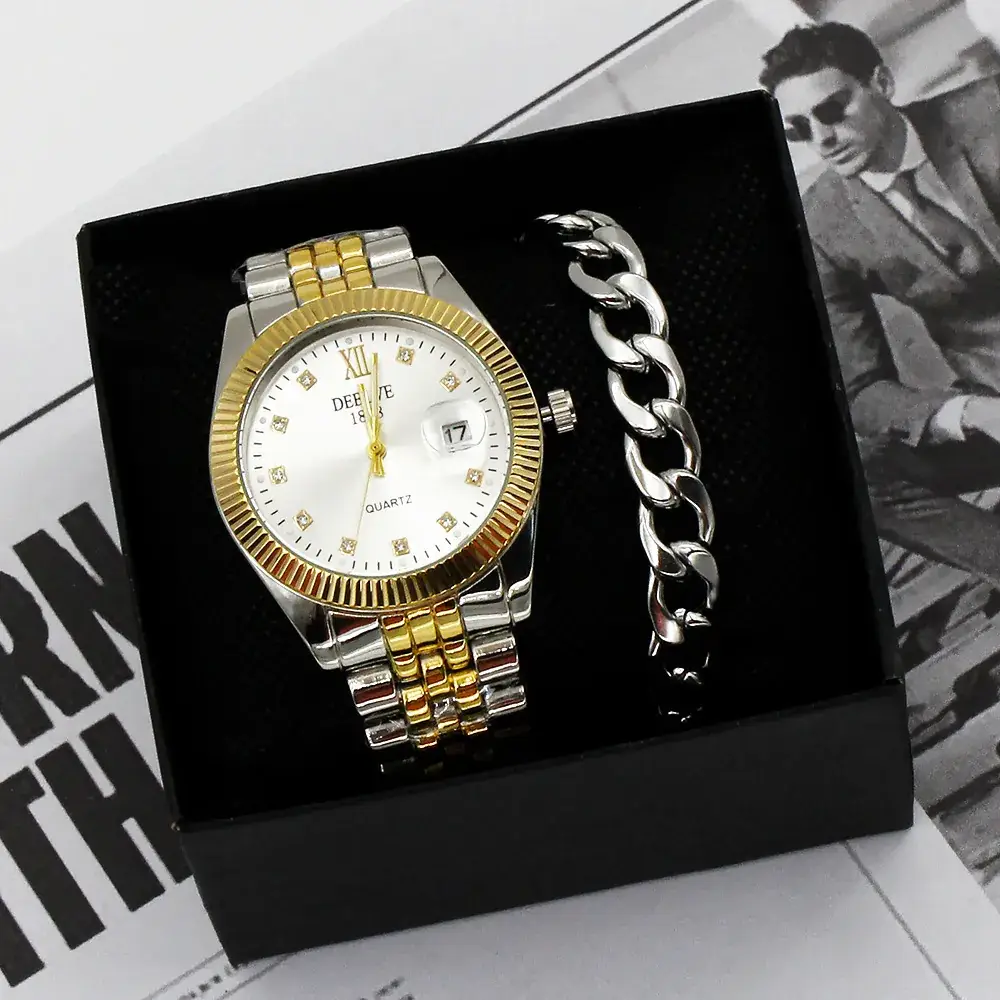 Men's Gold Watch Gift Set with Steel Bracelet