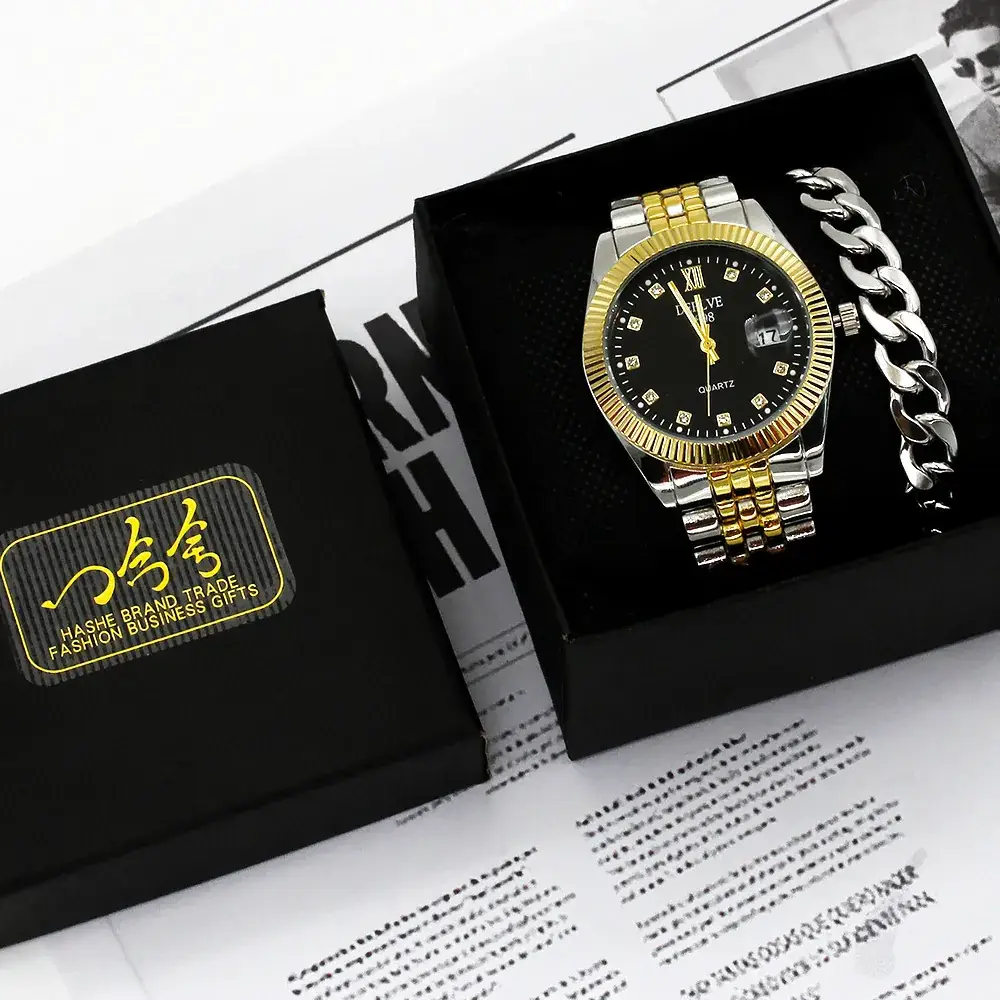 Men's Gold Watch Gift Set with Steel Bracelet