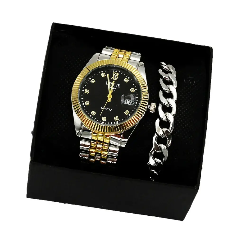 Men's Gold Watch Gift Set with Steel Bracelet