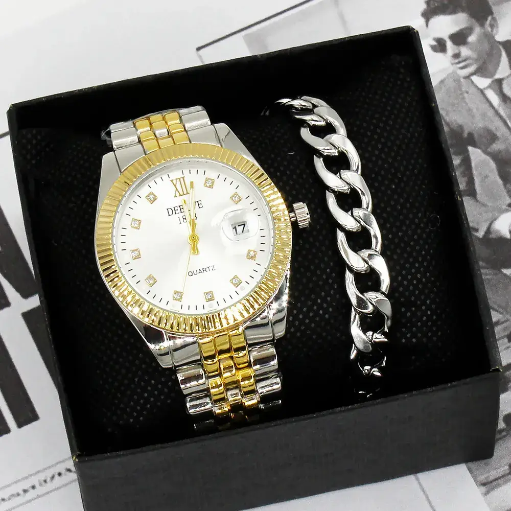Men's Gold Watch Gift Set with Steel Bracelet