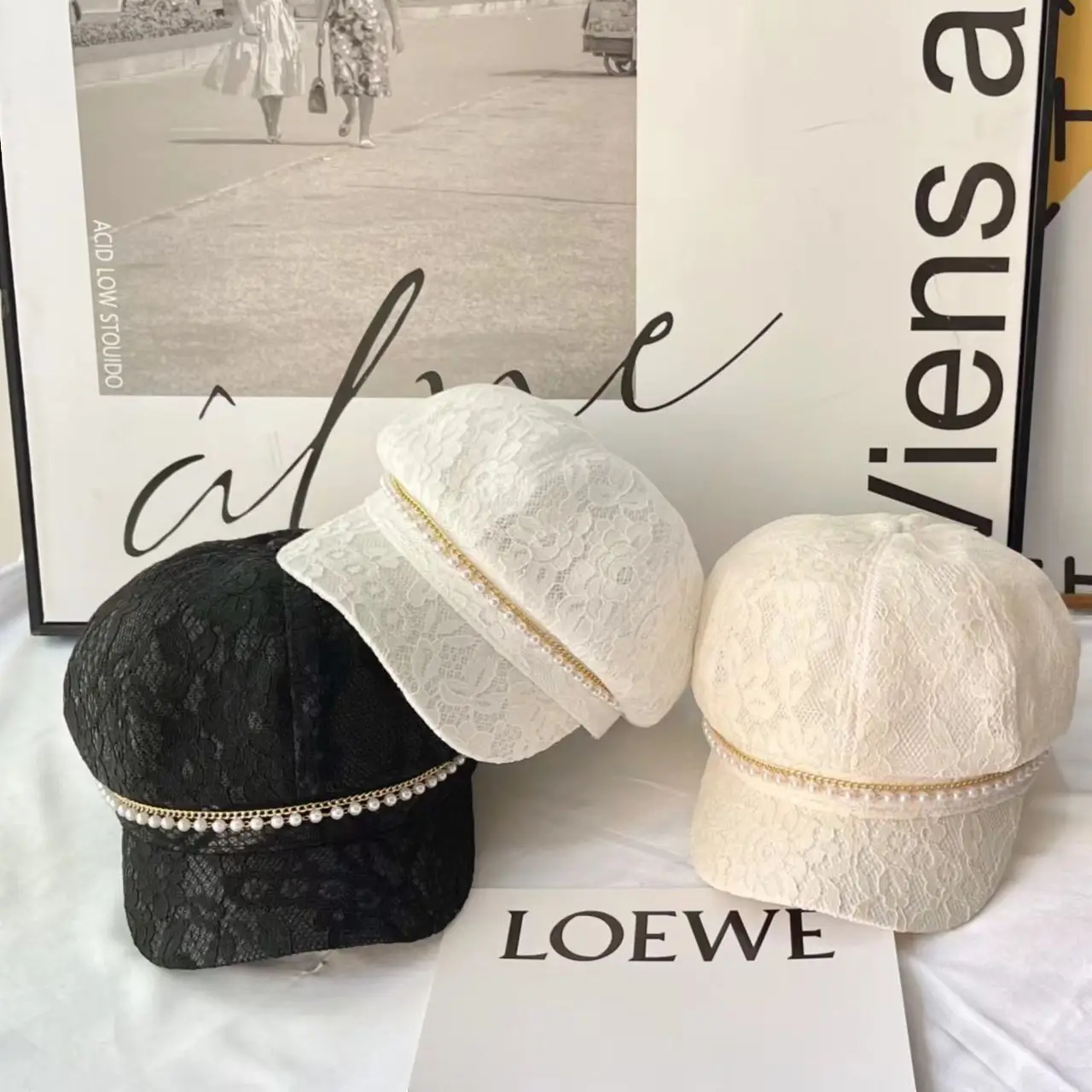 Women French Style Lace Hat with Rhinestones - Image 4