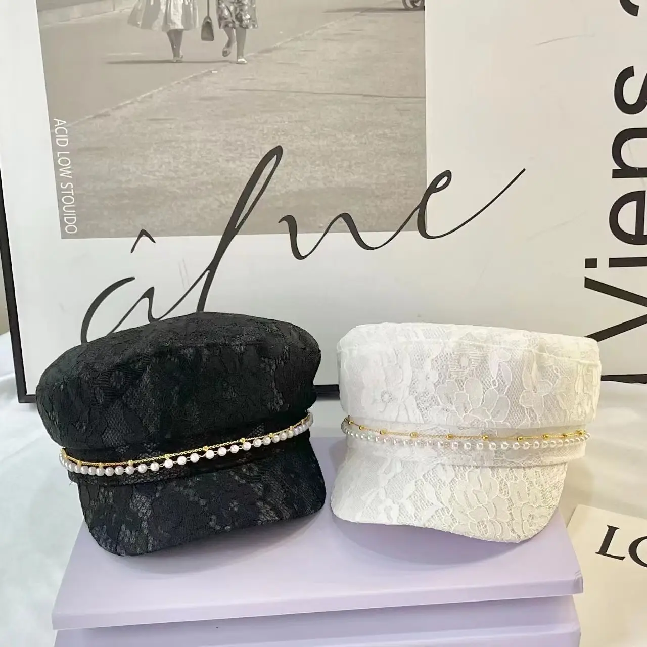 Women French Style Lace Hat with Rhinestones - Image 5