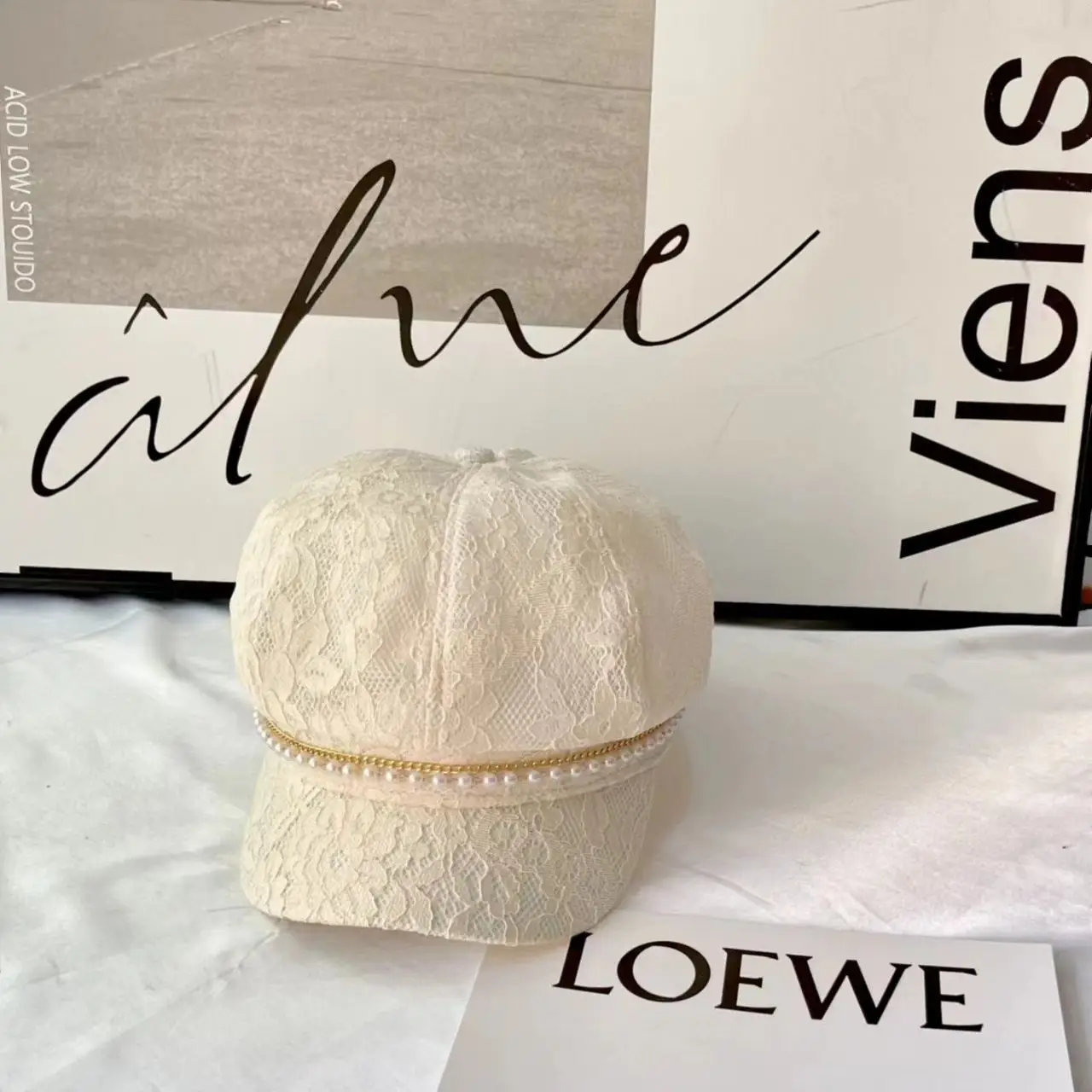 Women French Style Lace Hat with Rhinestones - Image 6