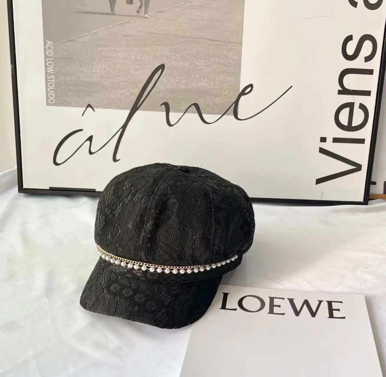 Women French Style Lace Hat with Rhinestones - Image 2