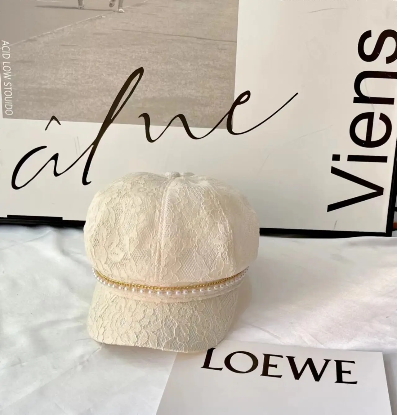 Women French Style Lace Hat with Rhinestones - Image 3