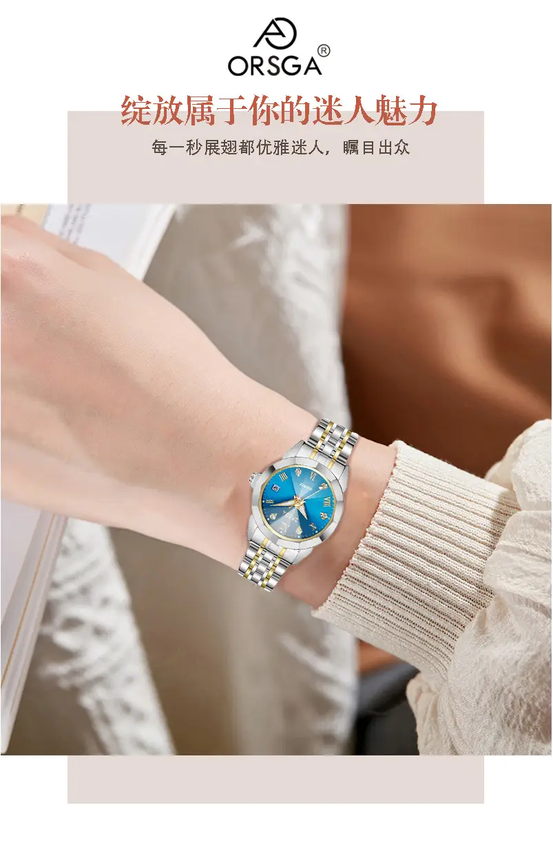 ORSGA Ladies Blue Dial Luxury Quartz Watch Solid Steel Band — feature 5