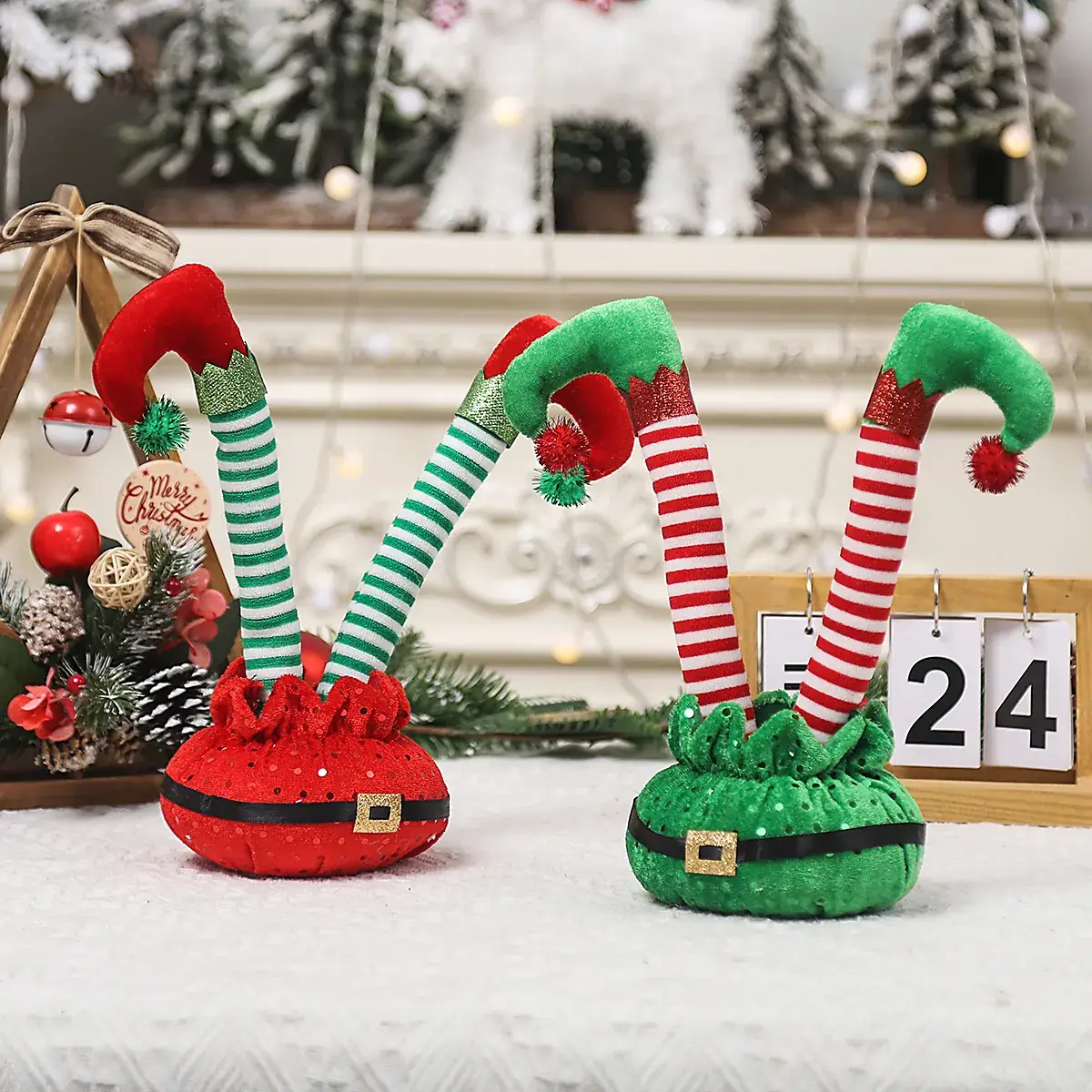 Christmas Elf Foot Decor Red Green Striped