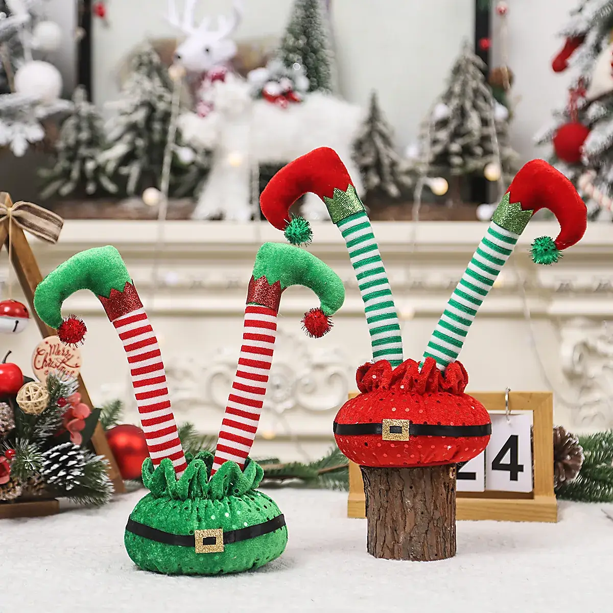 Christmas Elf Foot Decor Red Green Striped