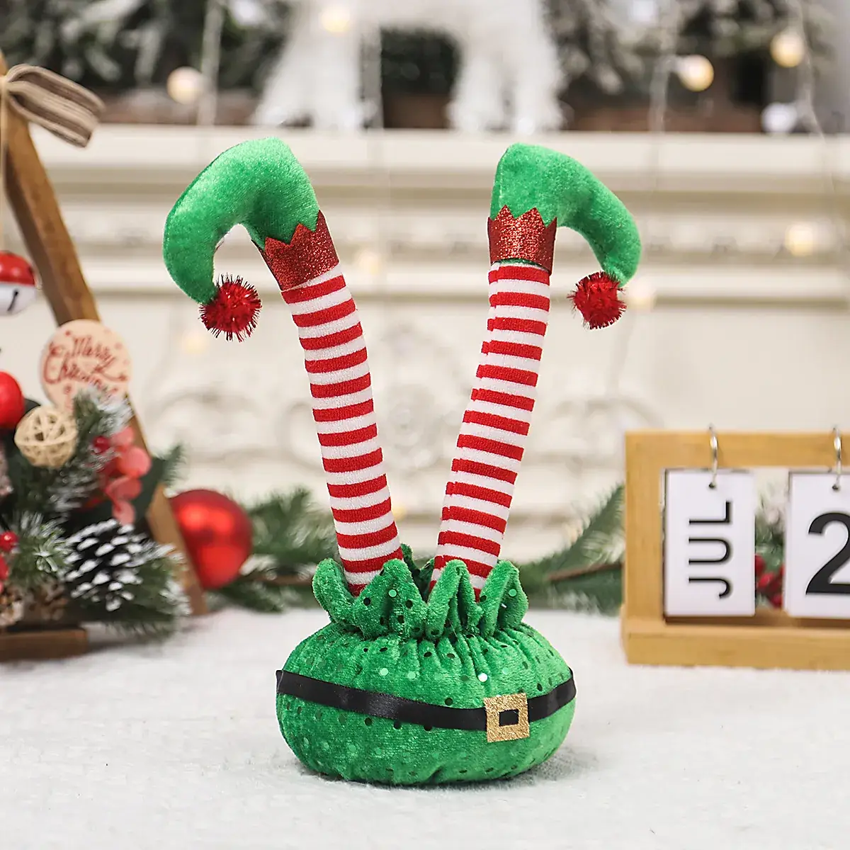 Christmas Elf Foot Decor Red Green Striped