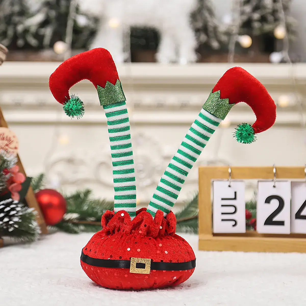 Christmas Elf Foot Decor Red Green Striped