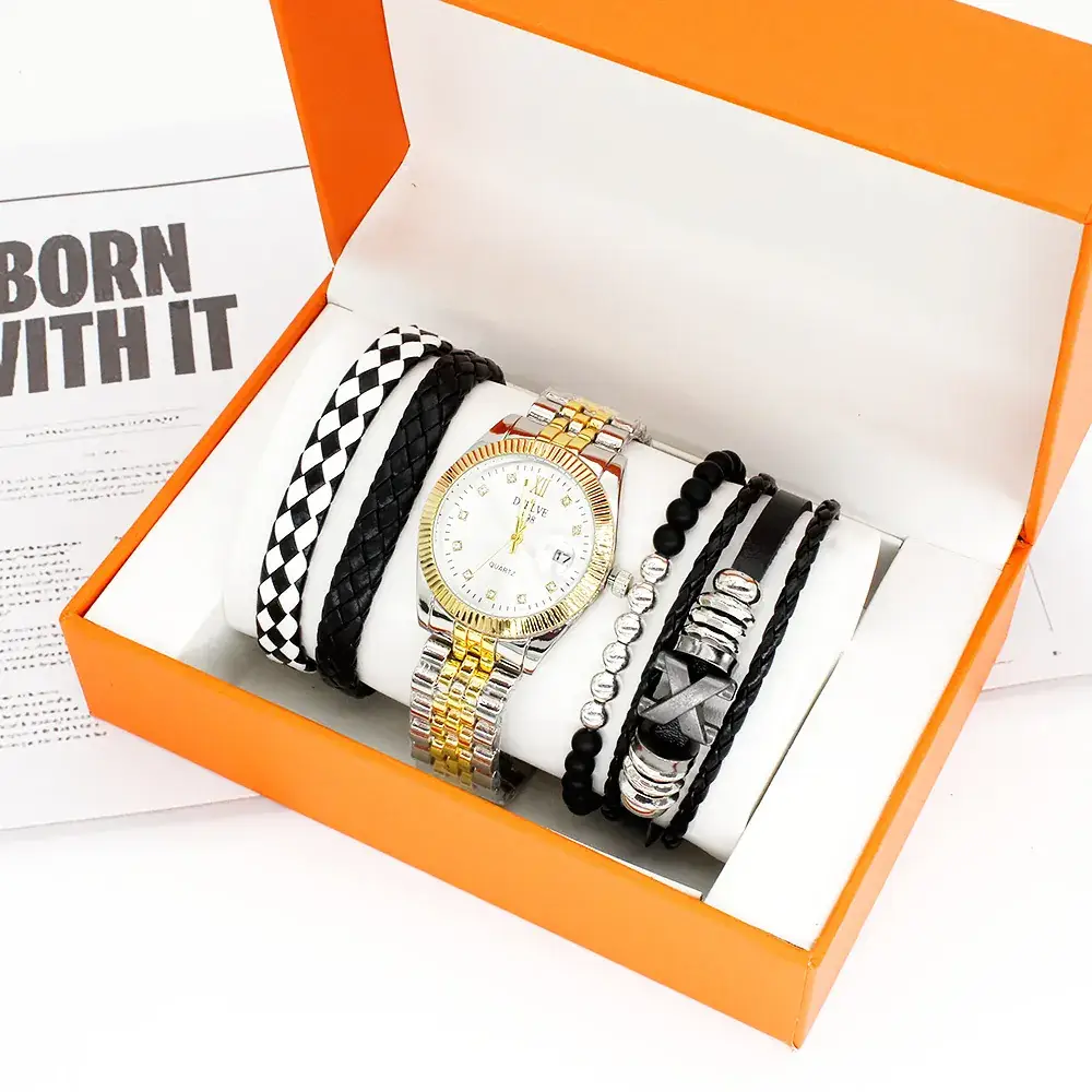 4 Pcs Men's Quartz Bracelet Watch Set with Diamond Calendar & Box Suit