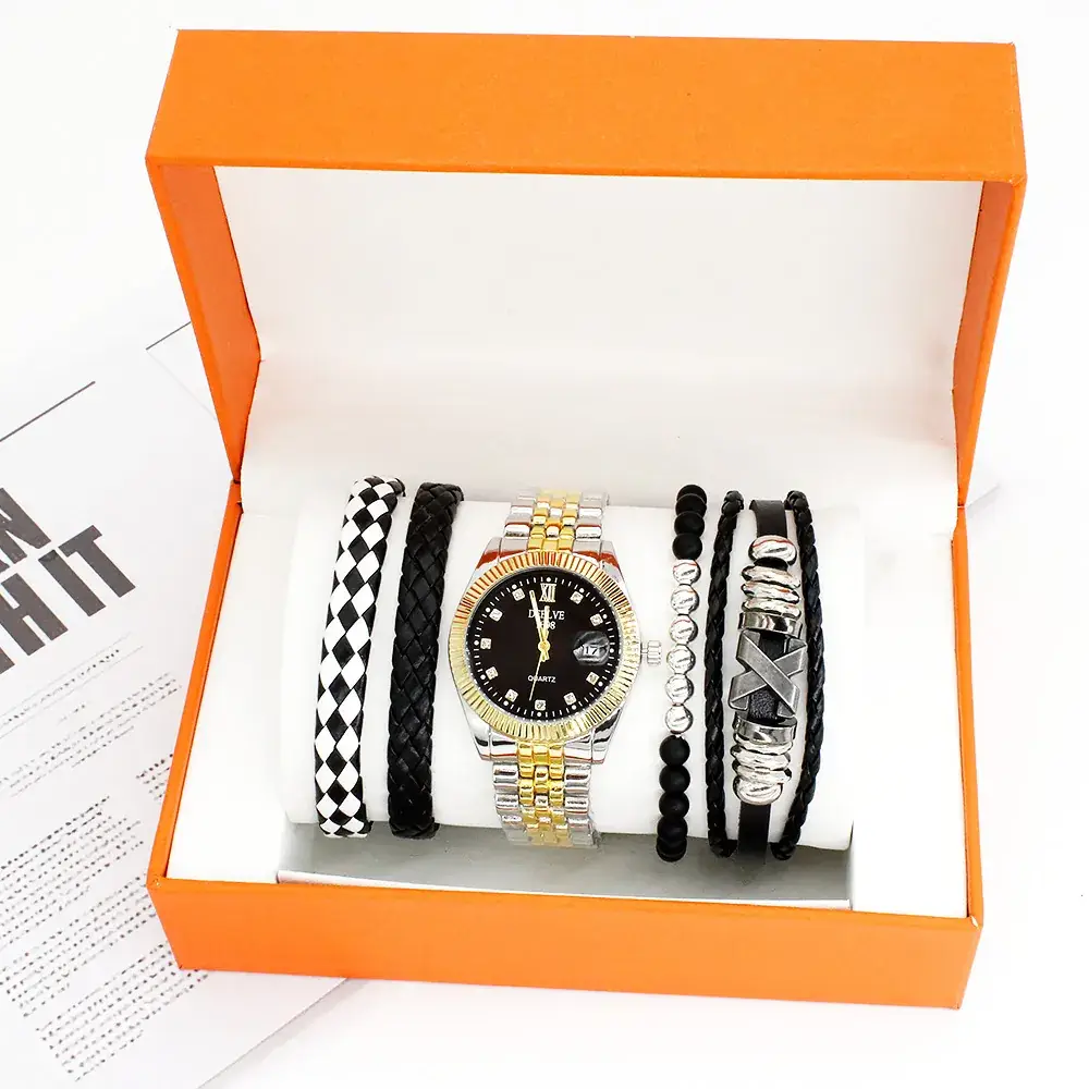 4 Pcs Men's Quartz Bracelet Watch Set with Diamond Calendar & Box Suit