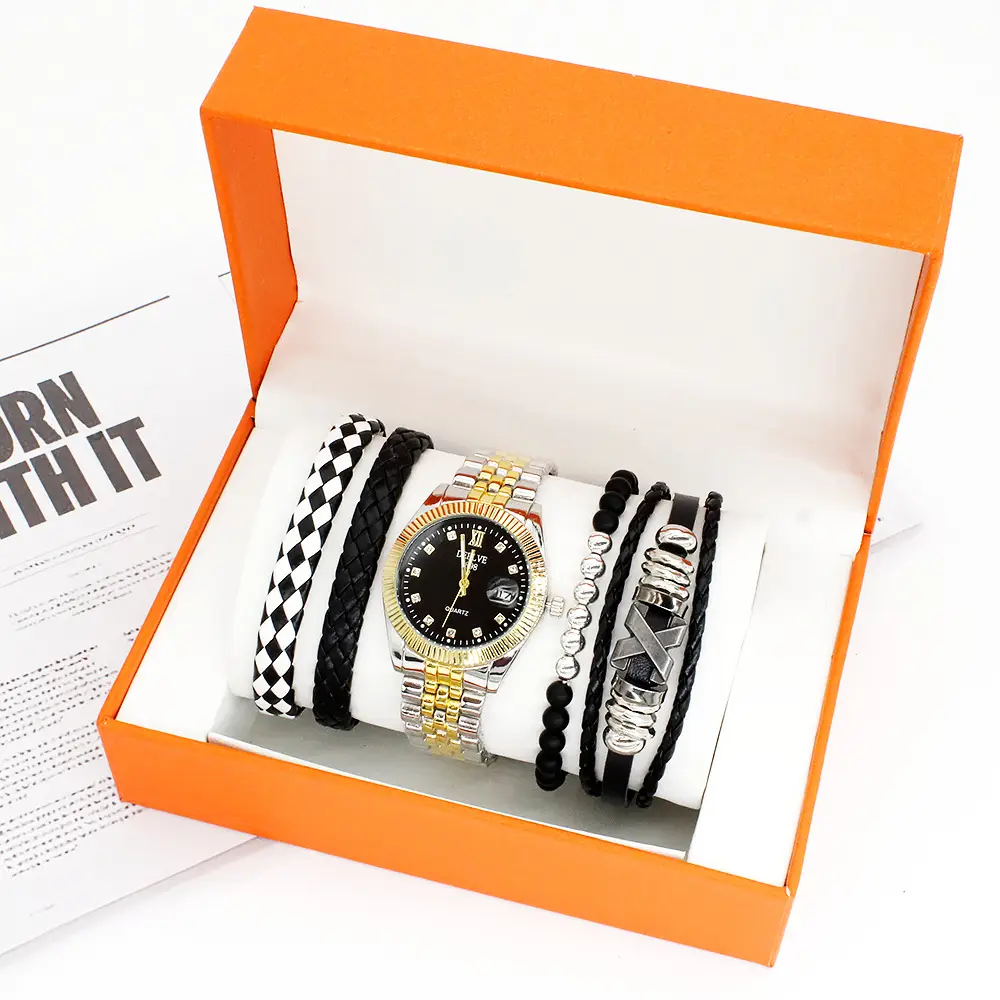 4 Pcs Men's Quartz Bracelet Watch Set with Diamond Calendar & Box Suit — feature 8