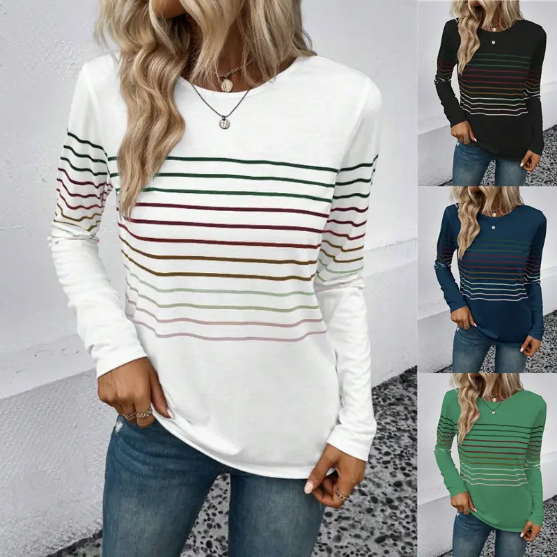 Women Striped Long Sleeve T-Shirt Black Round Neck