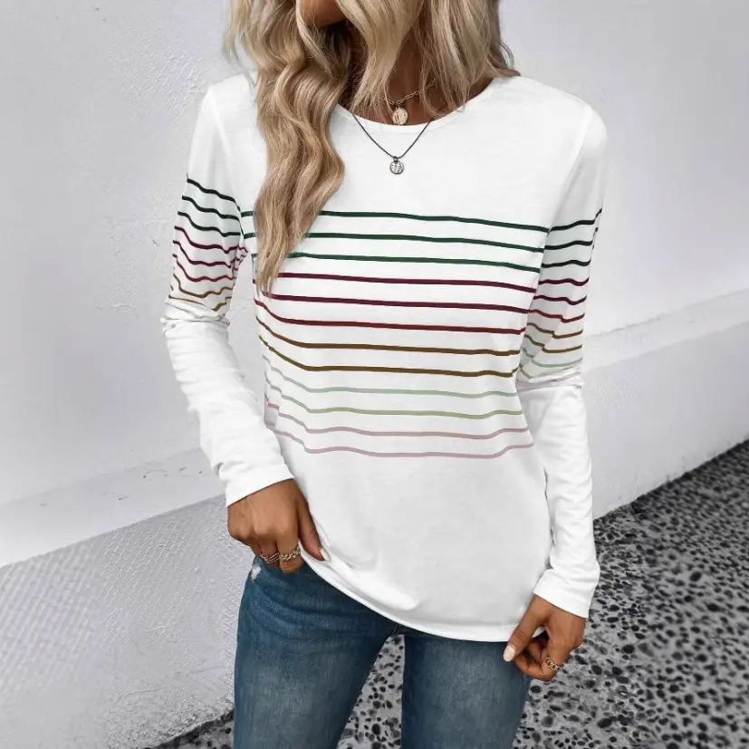 Women Striped Long Sleeve T-Shirt Black Round Neck