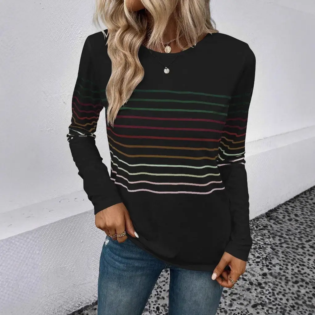 Women Striped Long Sleeve T-Shirt Black Round Neck