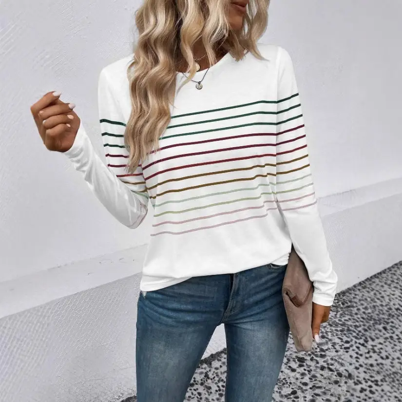 Women Striped Long Sleeve T-Shirt Black Round Neck