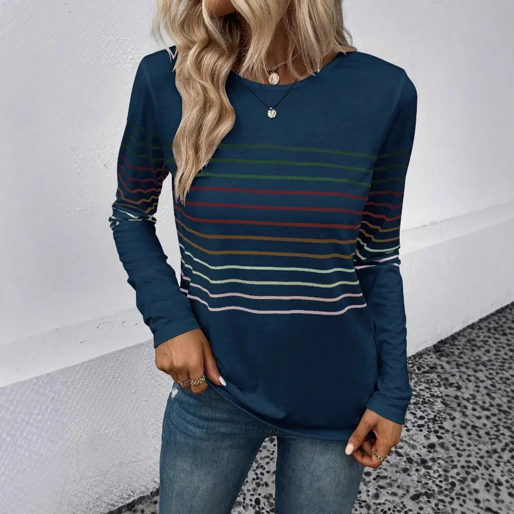 Women Striped Long Sleeve T-Shirt Black Round Neck
