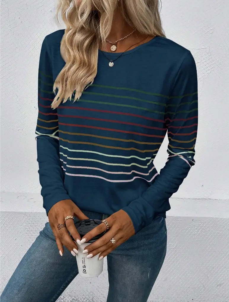 Women Striped Long Sleeve T-Shirt Black Round Neck — feature 10