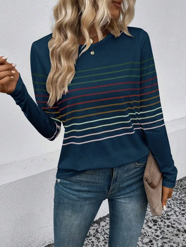 Women Striped Long Sleeve T-Shirt Black Round Neck — feature 11