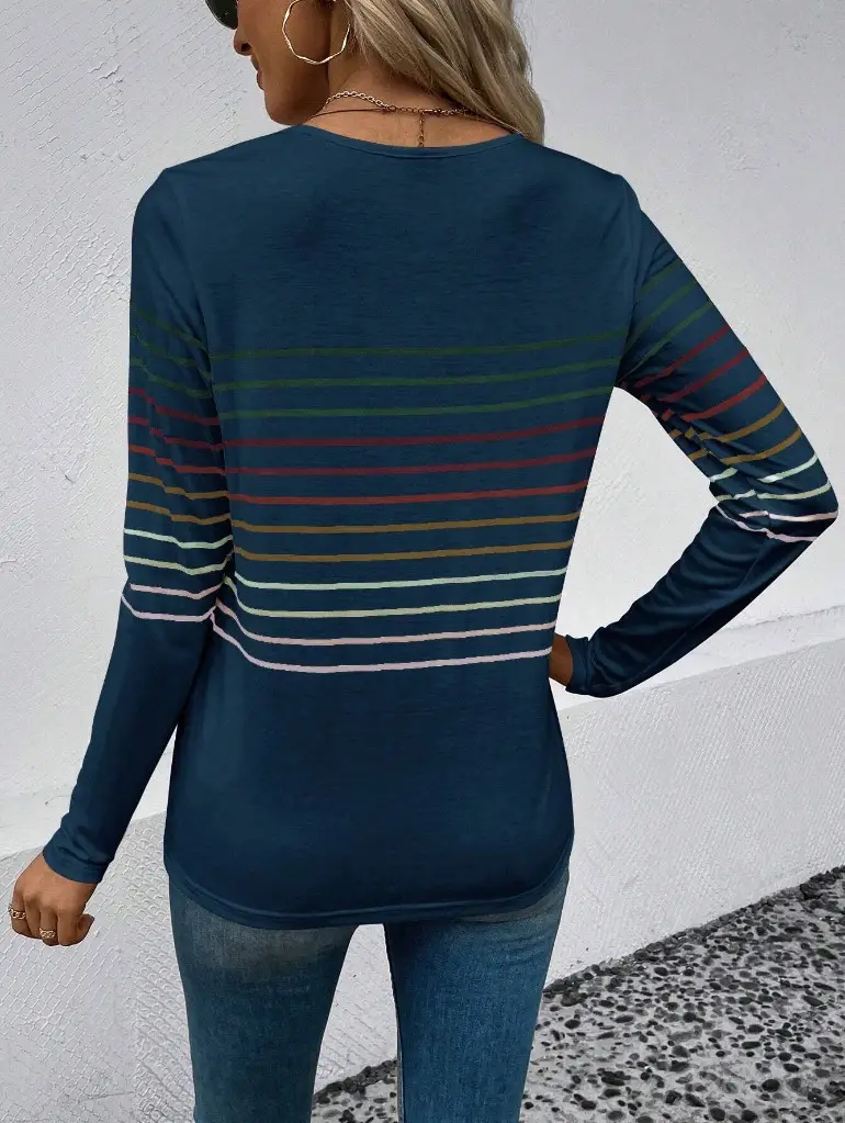 Women Striped Long Sleeve T-Shirt Black Round Neck — feature 12