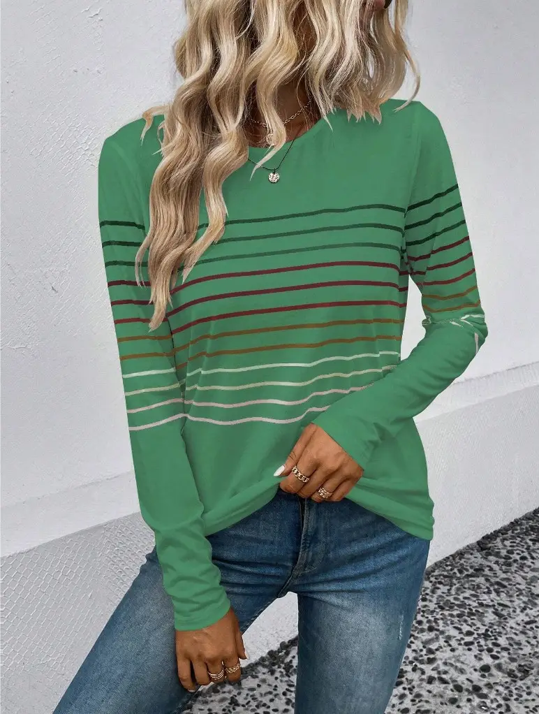Women Striped Long Sleeve T-Shirt Black Round Neck — feature 14