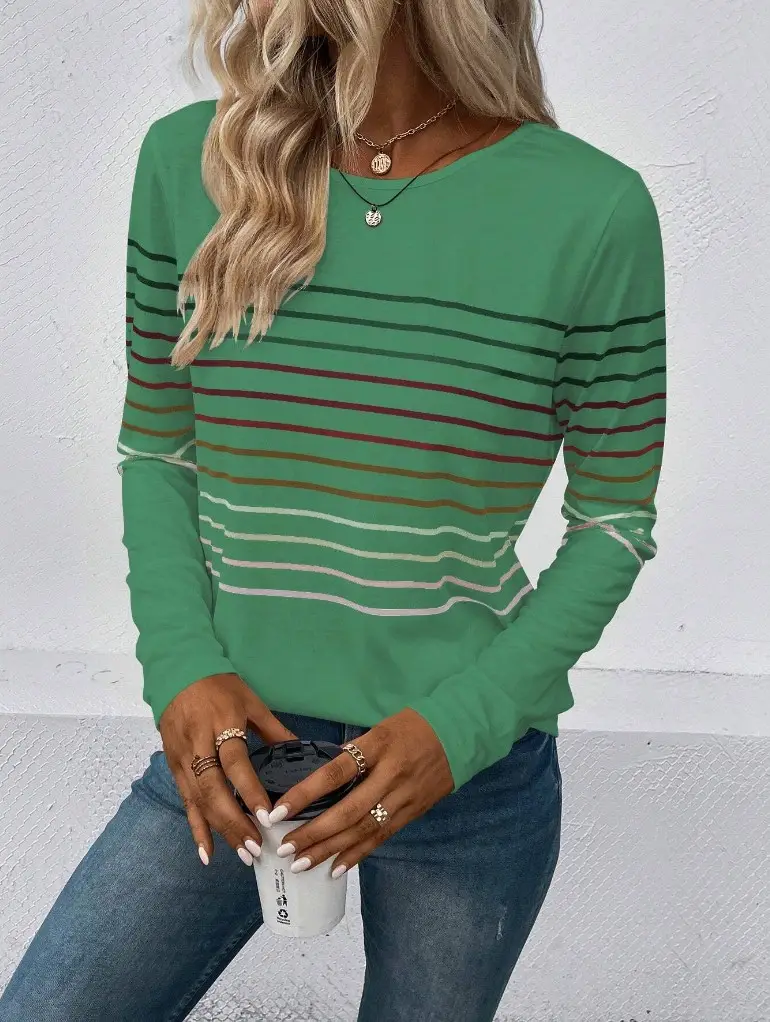 Women Striped Long Sleeve T-Shirt Black Round Neck — feature 15