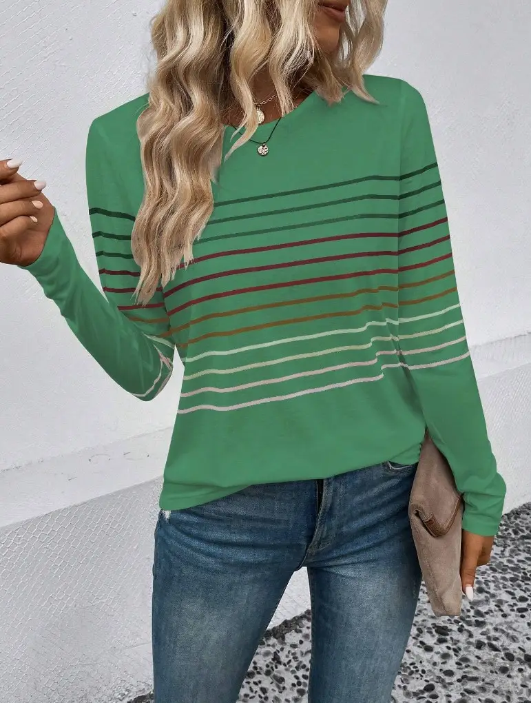 Women Striped Long Sleeve T-Shirt Black Round Neck — feature 16