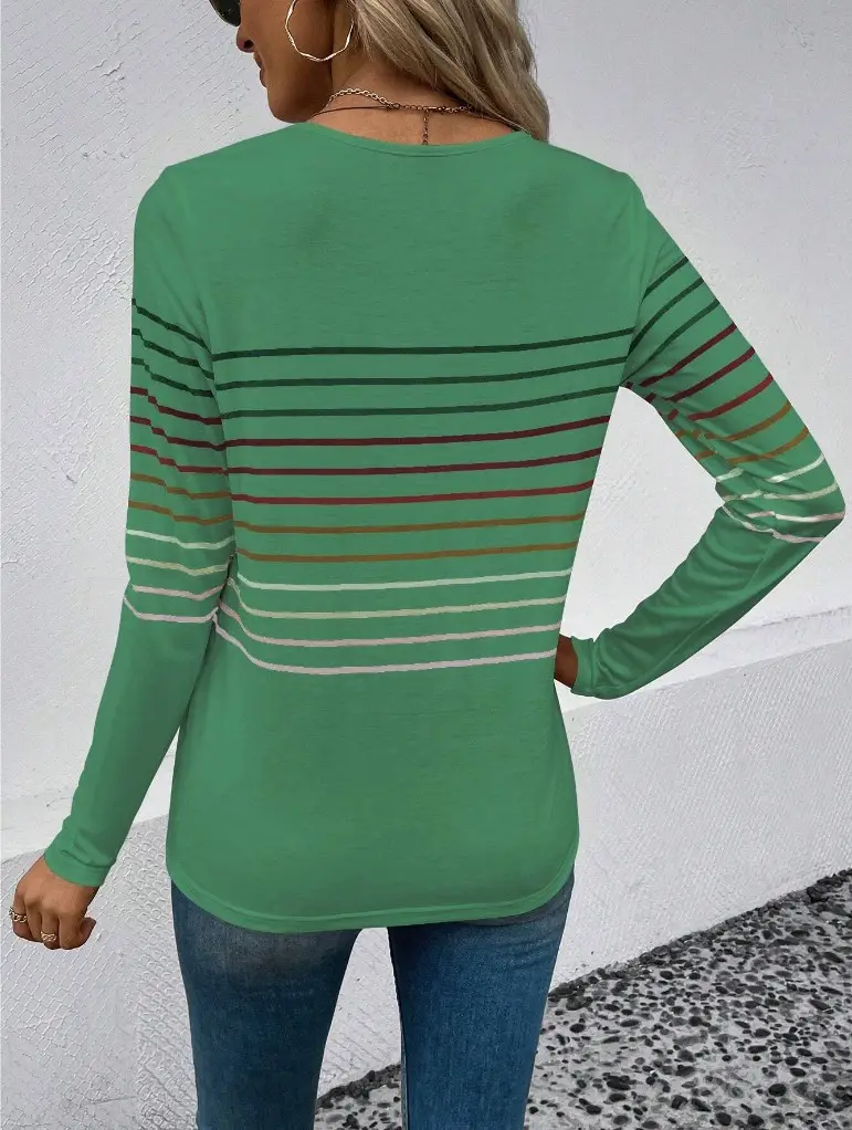 Women Striped Long Sleeve T-Shirt Black Round Neck — feature 17