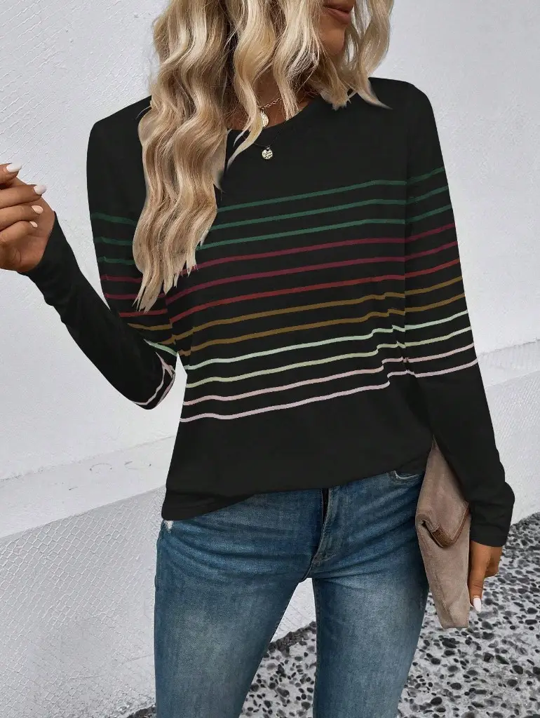 Women Striped Long Sleeve T-Shirt Black Round Neck — feature 19