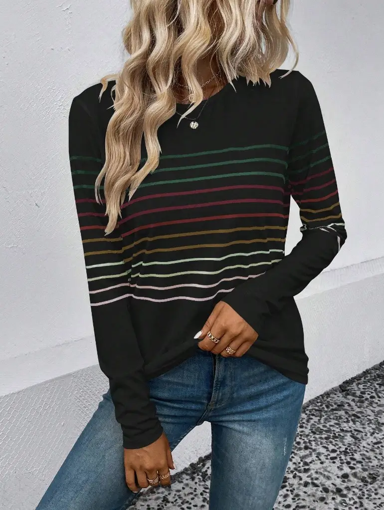 Women Striped Long Sleeve T-Shirt Black Round Neck — feature 20