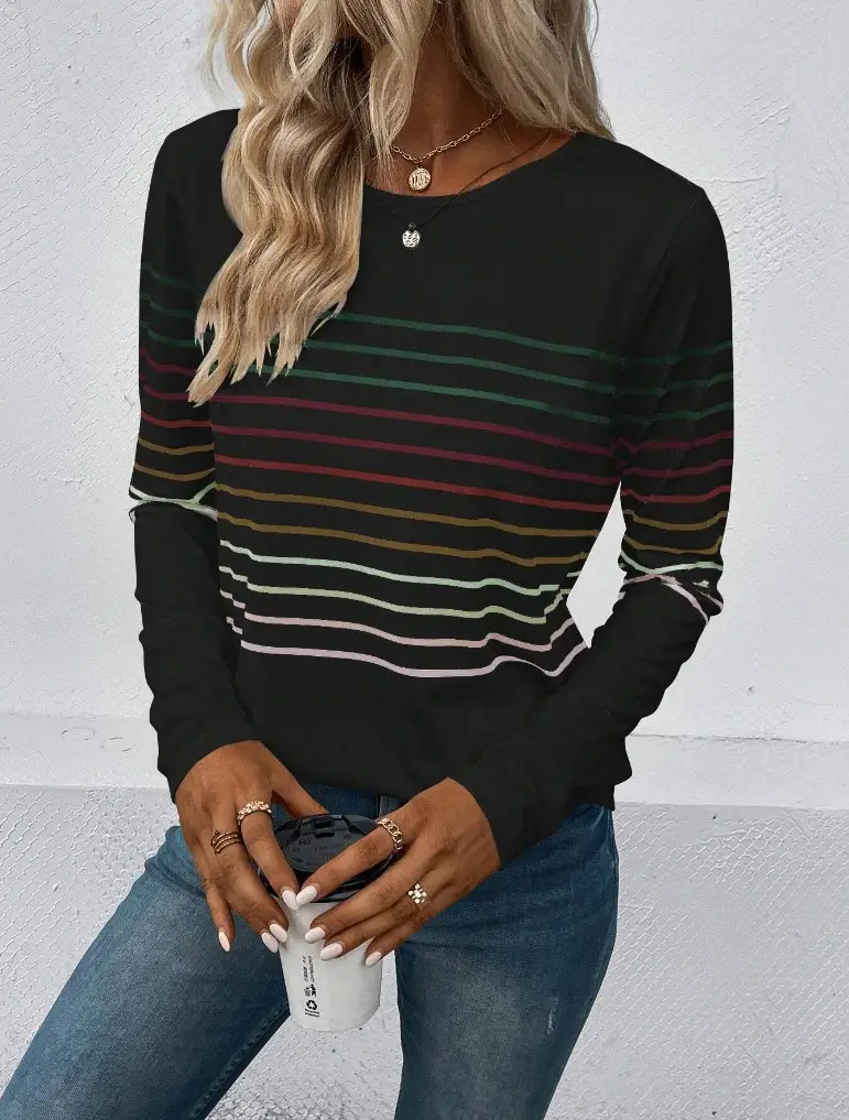 Women Striped Long Sleeve T-Shirt Black Round Neck — feature 21