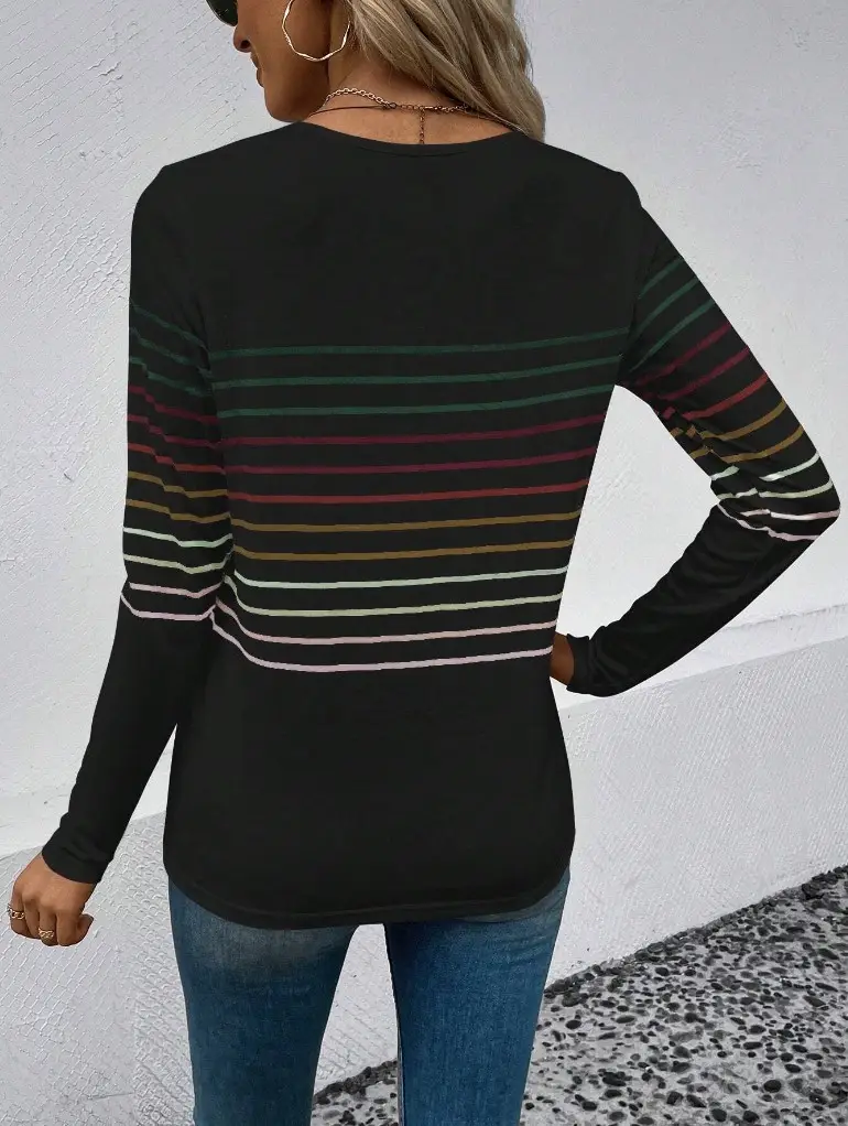 Women Striped Long Sleeve T-Shirt Black Round Neck — feature 22