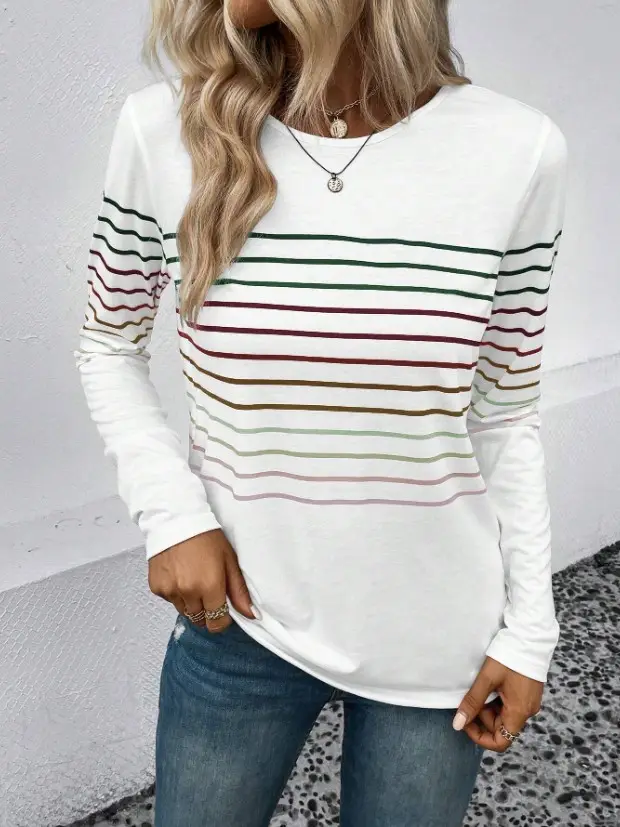 Women Striped Long Sleeve T-Shirt Black Round Neck — feature 3