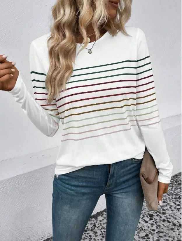 Women Striped Long Sleeve T-Shirt Black Round Neck — feature 4