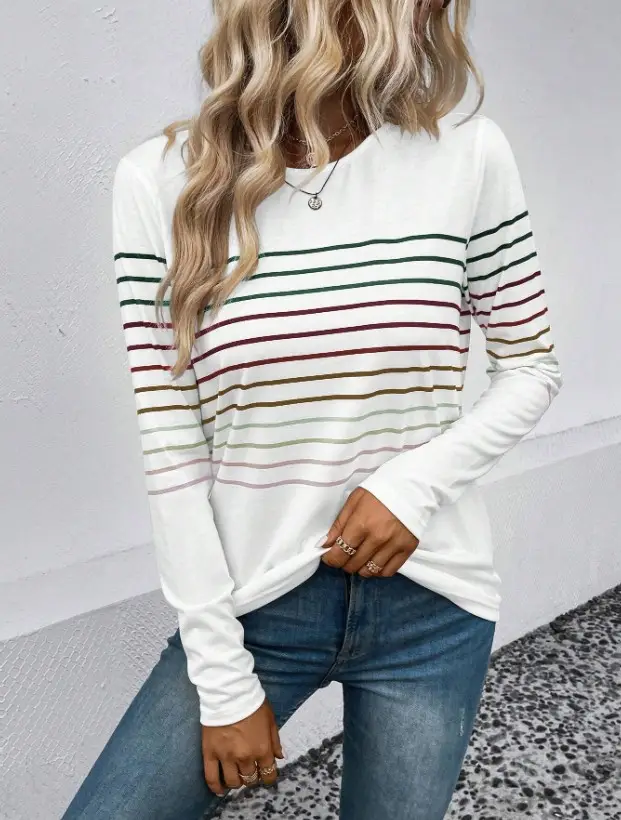 Women Striped Long Sleeve T-Shirt Black Round Neck — feature 5