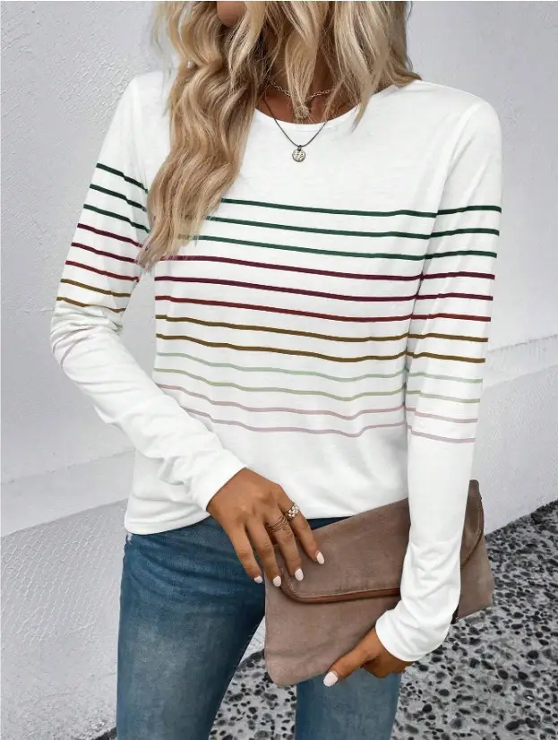 Women Striped Long Sleeve T-Shirt Black Round Neck — feature 6