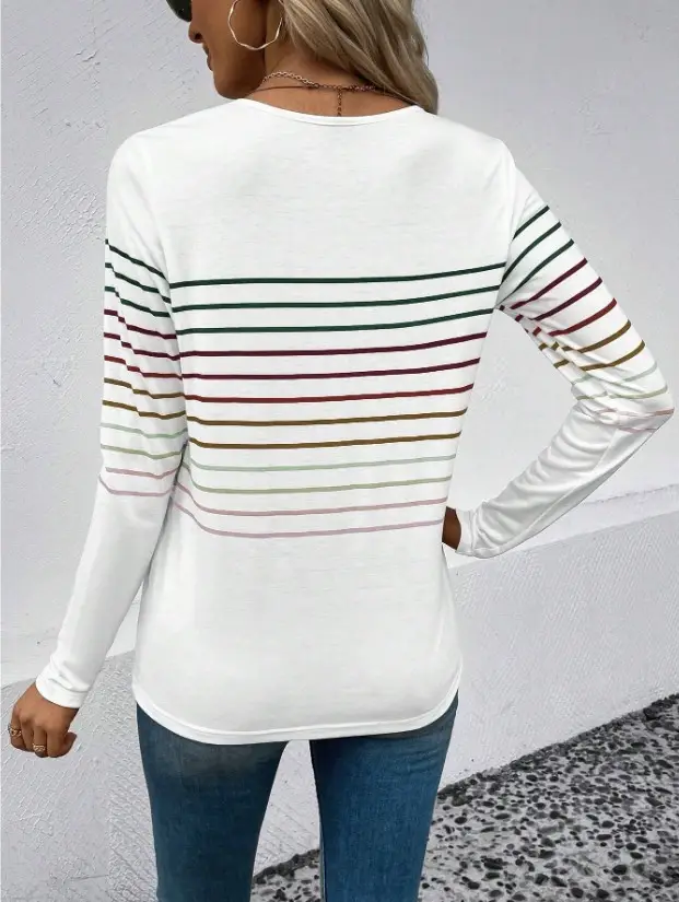 Women Striped Long Sleeve T-Shirt Black Round Neck — feature 7