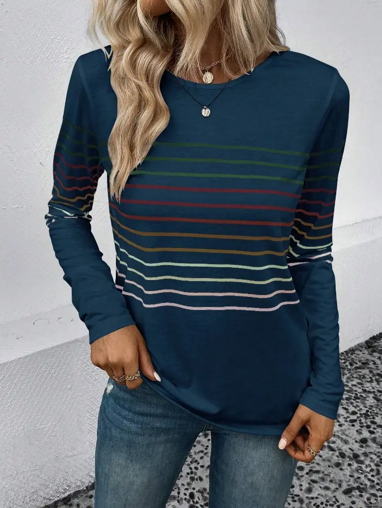 Women Striped Long Sleeve T-Shirt Black Round Neck — feature 8