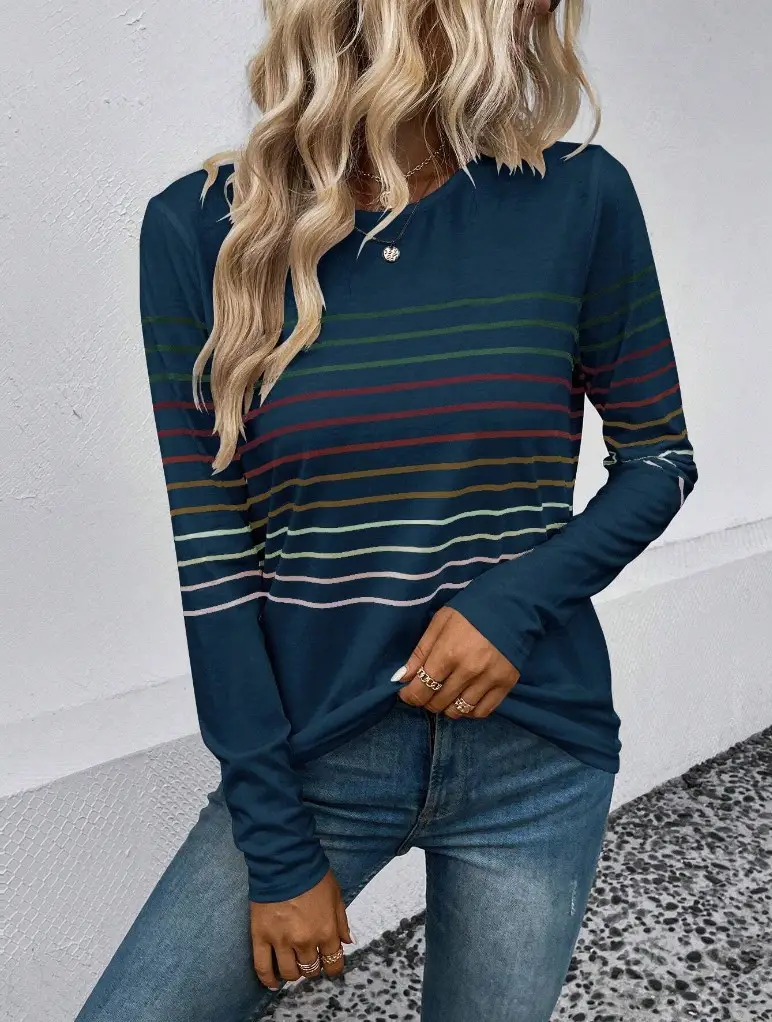 Women Striped Long Sleeve T-Shirt Black Round Neck — feature 9