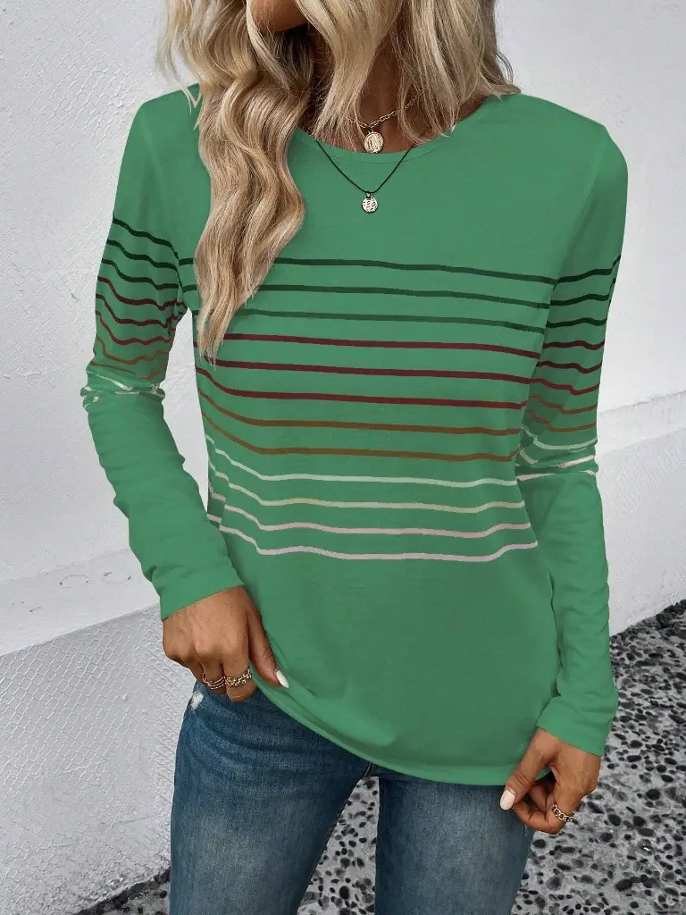 Women Striped Long Sleeve T-Shirt Black Round Neck