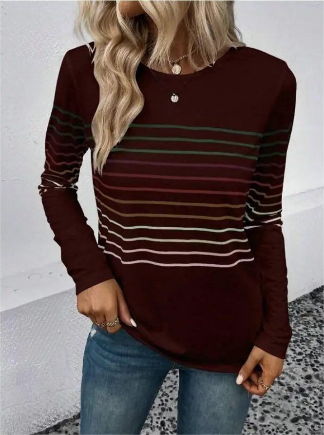 Women Striped Long Sleeve T-Shirt Black Round Neck