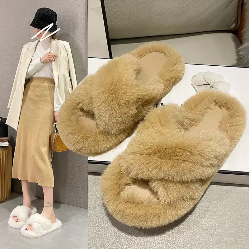 Internet celebrity plush slippers women's outdoor wear autumn and winter New Fashion ins home non-slip all-match flat cotton slippers