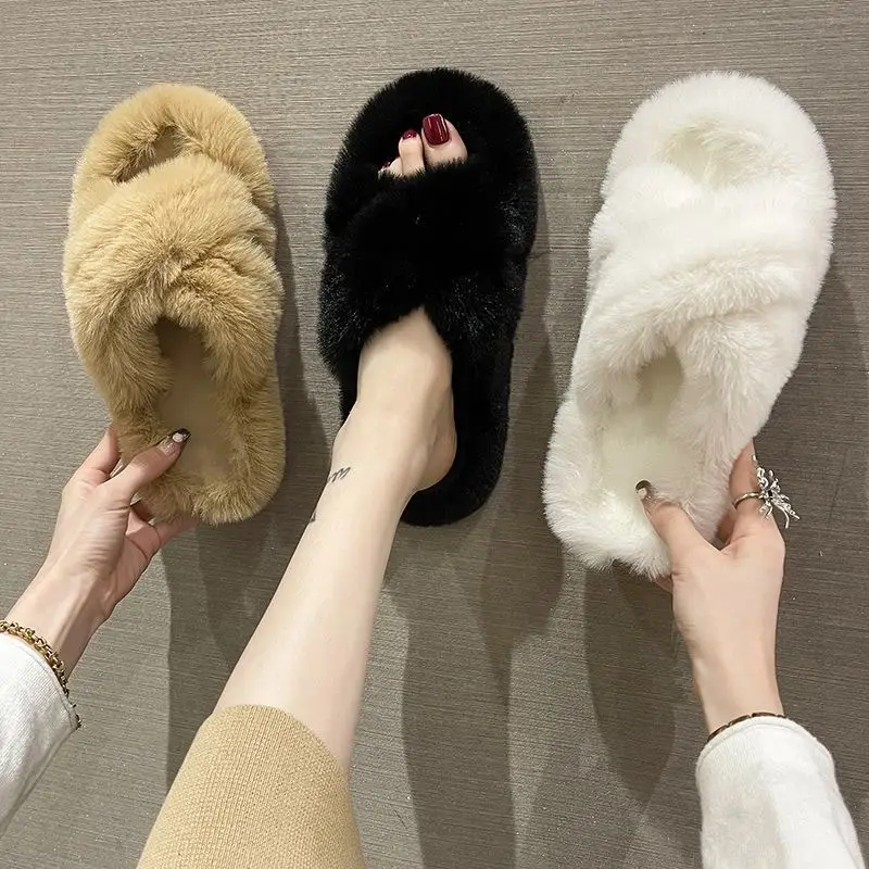 Internet celebrity plush slippers women's outdoor wear autumn and winter New Fashion ins home non-slip all-match flat cotton slippers