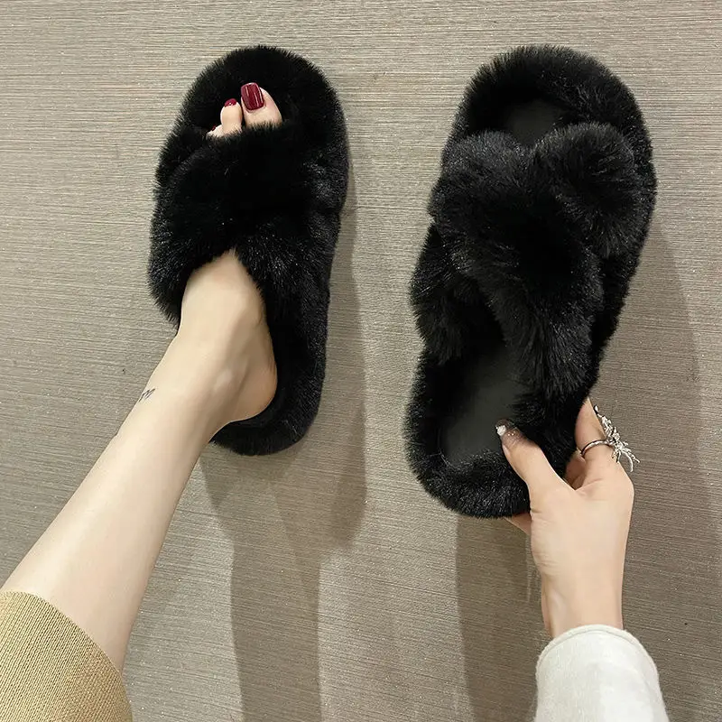 Internet celebrity plush slippers women's outdoor wear autumn and winter New Fashion ins home non-slip all-match flat cotton slippers