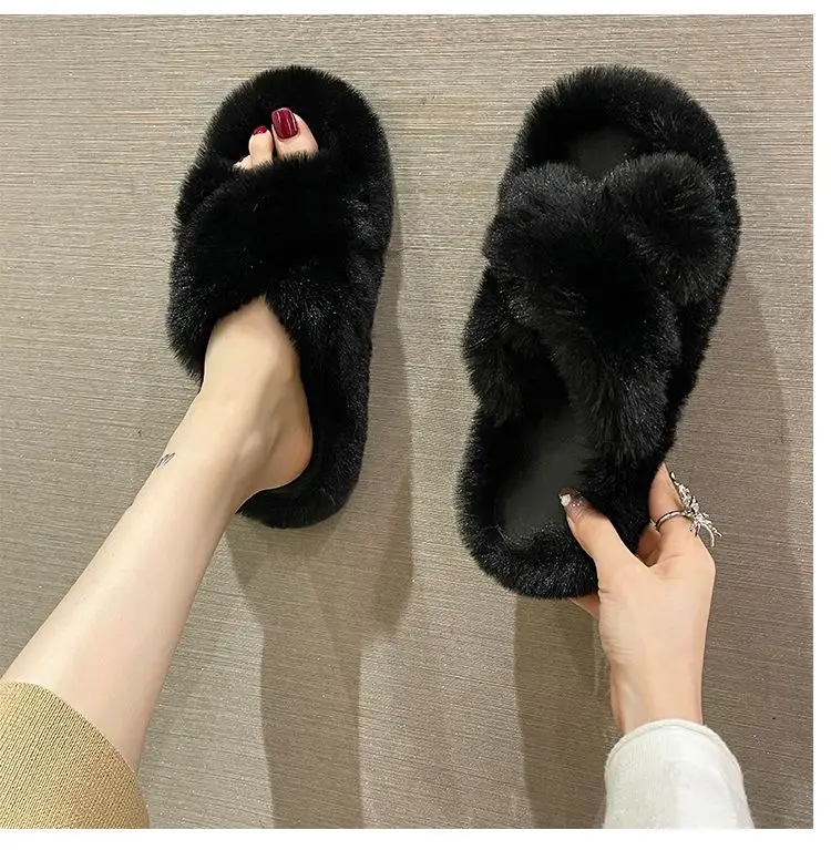 Internet celebrity plush slippers women's outdoor wear autumn and winter New Fashion ins home non-slip all-match flat cotton slippers — feature 10