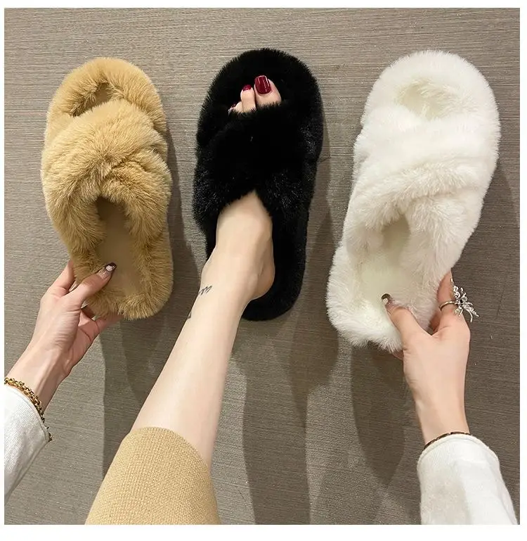 Internet celebrity plush slippers women's outdoor wear autumn and winter New Fashion ins home non-slip all-match flat cotton slippers — feature 9